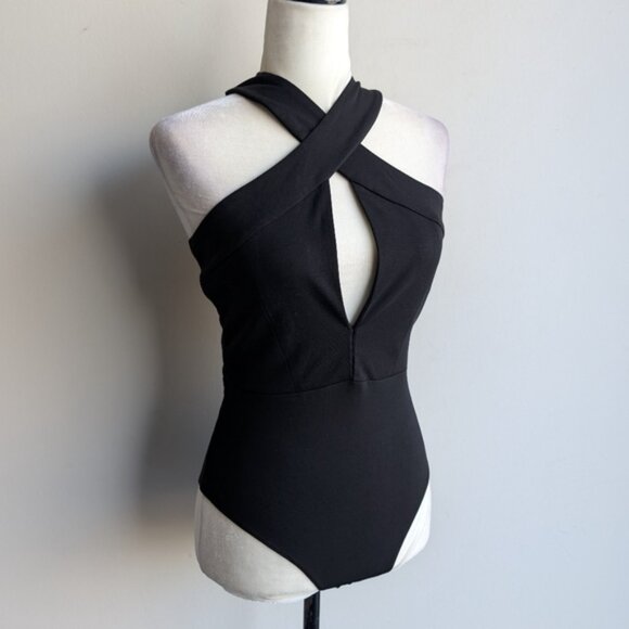 NWT Tobi Black Criss Cross Halter Bodysuit With Front Cut Out - Picture 2 of 6